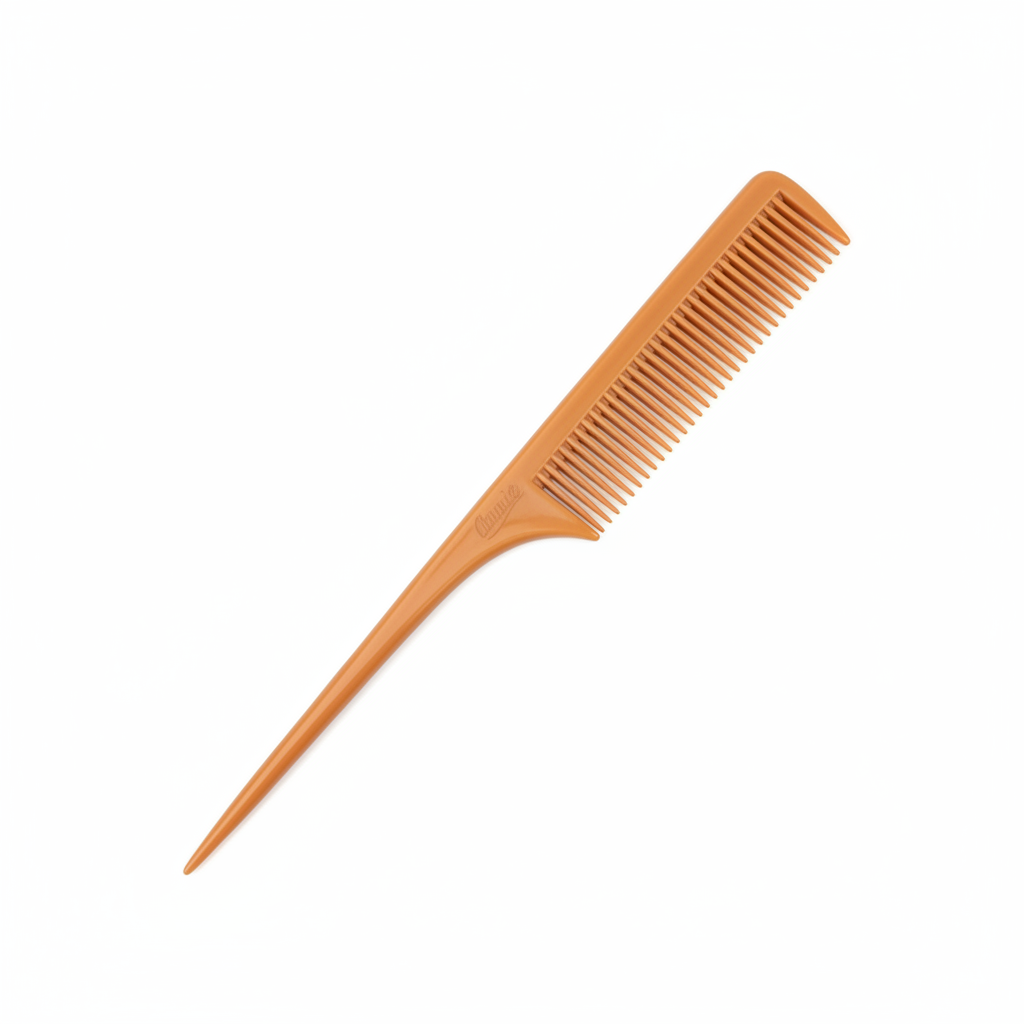 Orange rat tail comb with fine teeth and a tapered handle designed for sectioning and styling textured and natural hair, crafted for professional and everyday use.