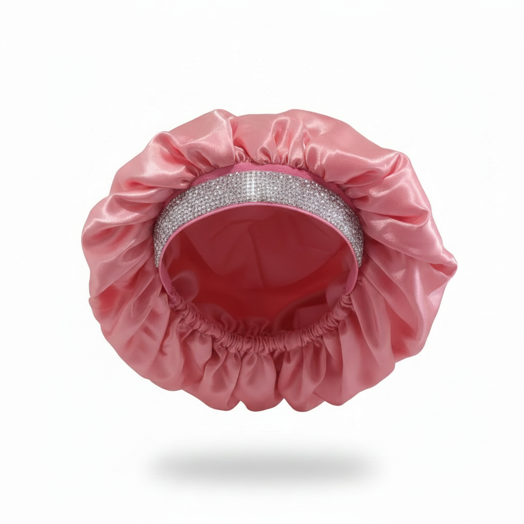 X-large pink satin bonnet featuring a sparkling rhinestone band and gathered elastic edge, crafted to protect and maintain textured hair overnight or during styling.
