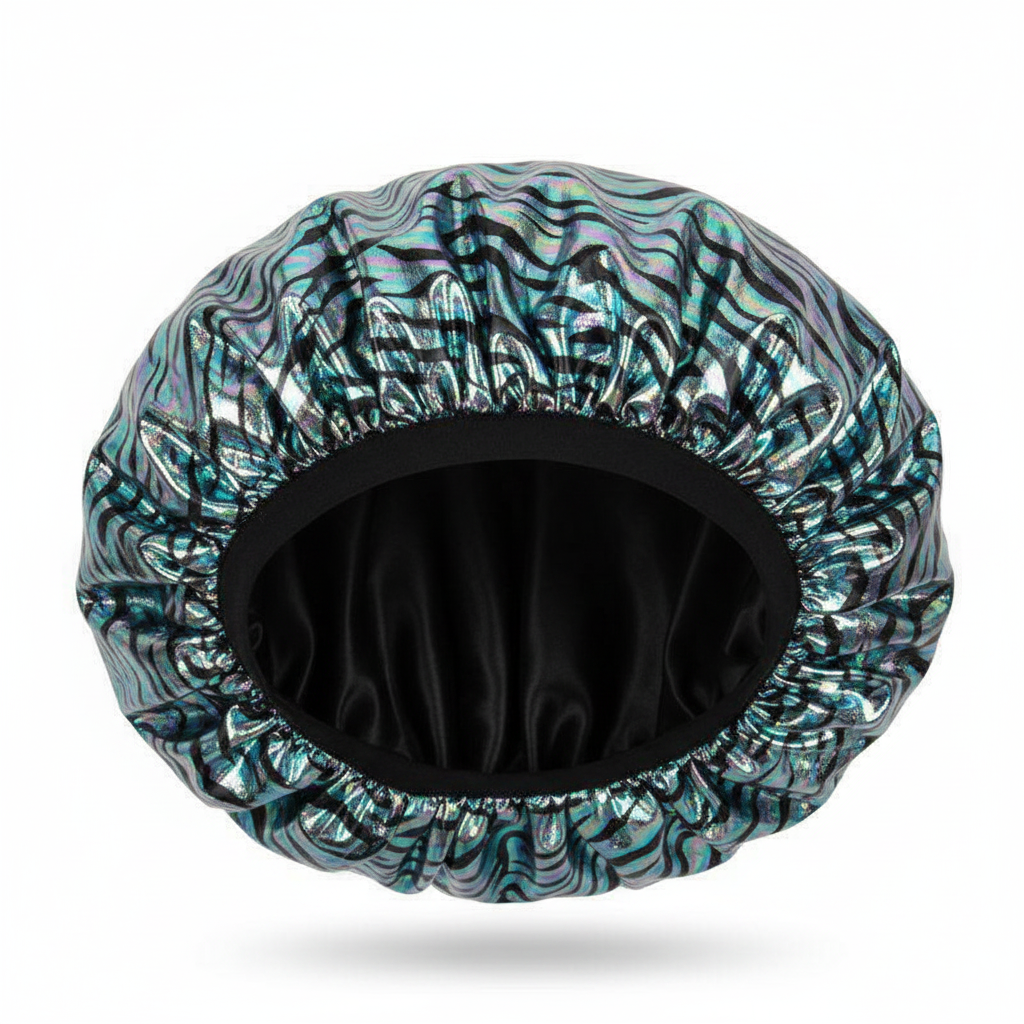X-large satin bonnet with platinum zebra animal print exterior and smooth black interior, designed by Annie International for textured and natural hair protection.