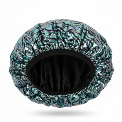 X-large satin bonnet with platinum zebra animal print exterior and smooth black interior, designed by Annie International for textured and natural hair protection.