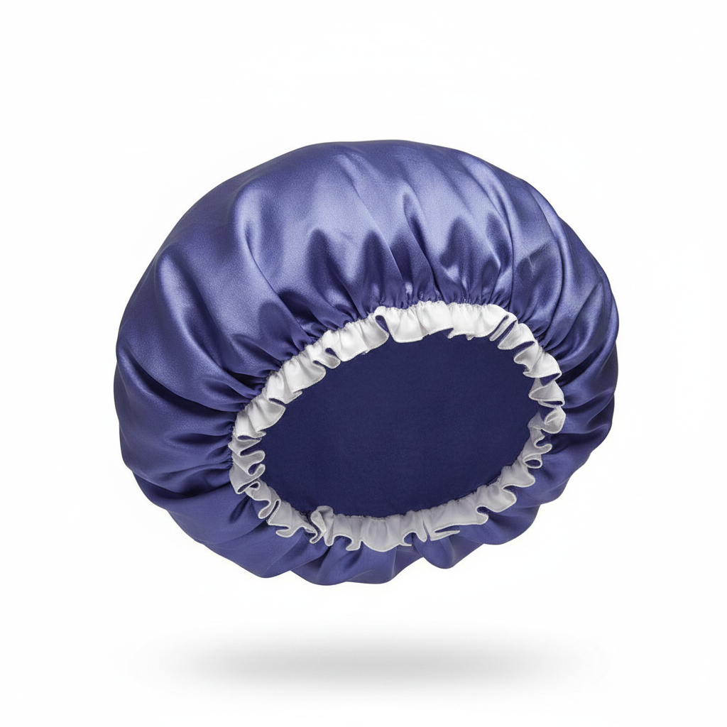 Medium-sized satin bonnet in rich purple with contrasting white elastic trim, designed to gently protect and maintain textured hair with a smooth, comfortable fit.