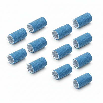 Twelve blue self-gripping hair rollers with a textured outer surface and hollow cores, designed for easy, no-snag styling on textured and natural hair types.