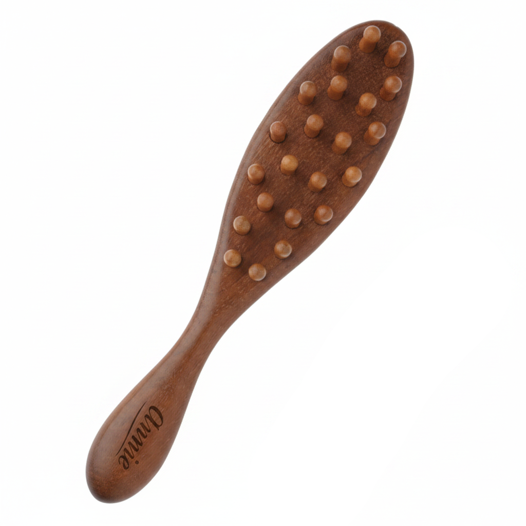 A wooden lace and braid hairbrush shown next to its retail packaging on a plain white background. The brush has a medium brown wooden handle and bristle head with lighter tan silicone nubs, and the packaging card is visible on the right.