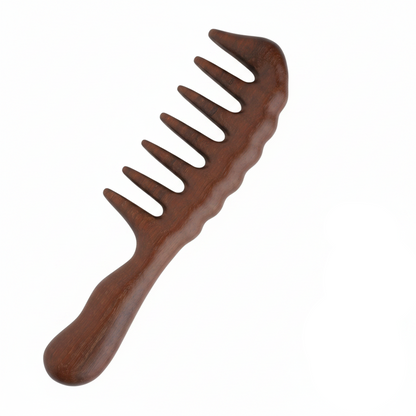 A dark brown wooden LOC & Braid comb shown next to its retail packaging on a plain white background.
