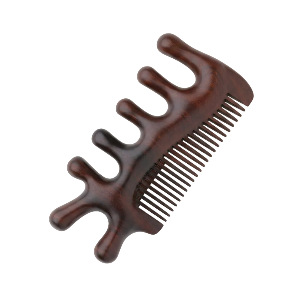 A dark brown wooden loc and braid comb shown at an angle on a white background, with its retail packaging card visible in the lower right corner.