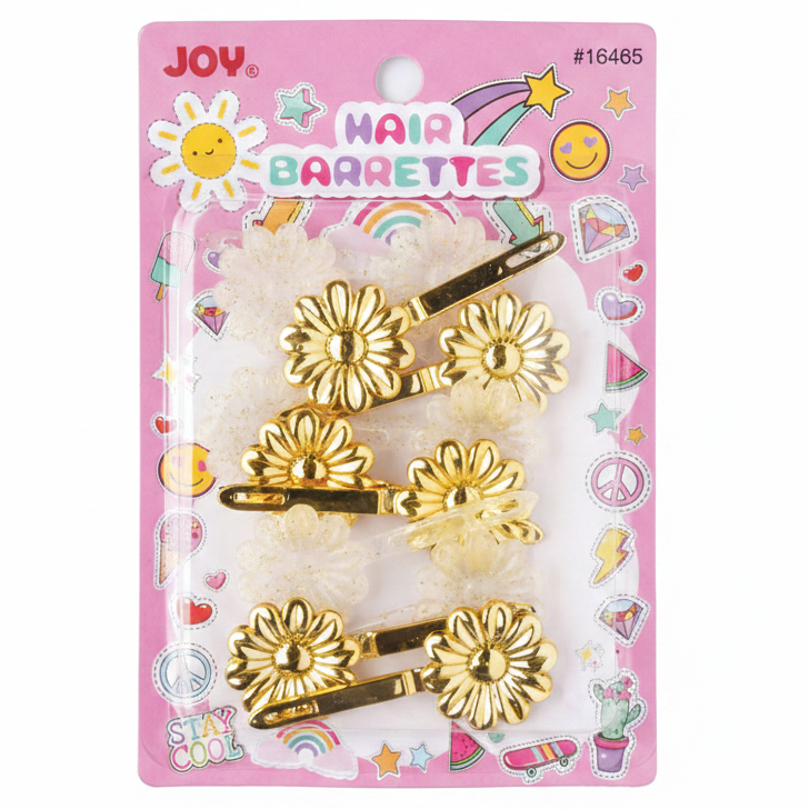 A package of four gold flower-shaped hair barrettes on a pink backing card with colorful doodles and the brand name JOY.