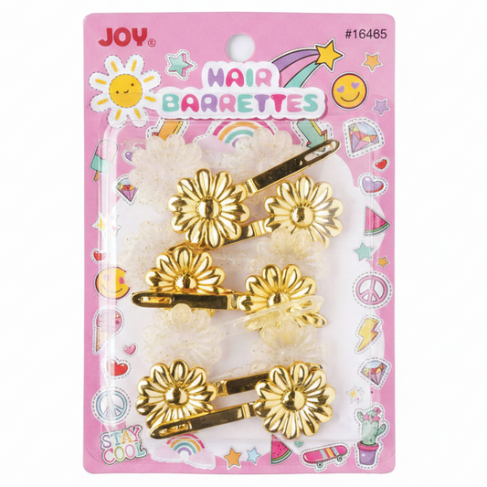 A package of four gold flower-shaped hair barrettes on a pink backing card with colorful doodles and the brand name JOY.