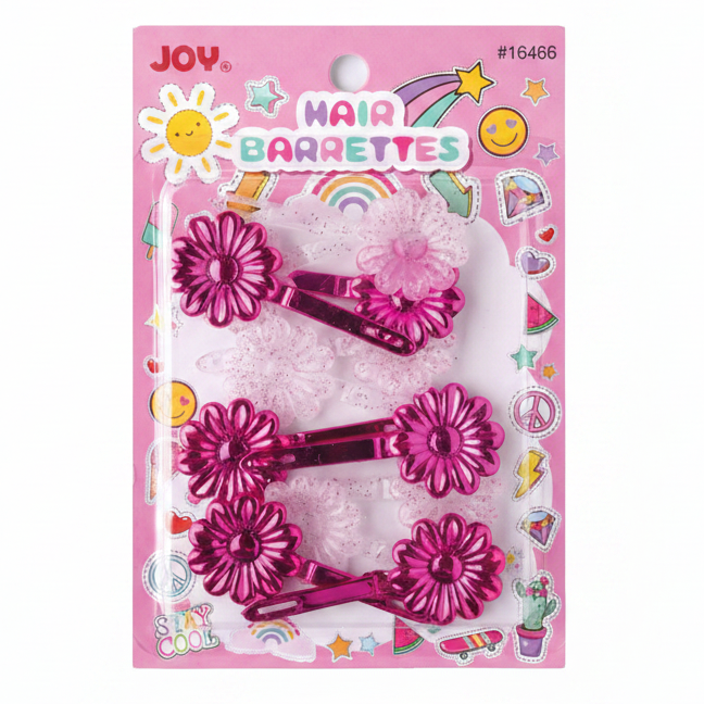 A 3-pack of pink flower-shaped hair clips in a blister pack with a pink header card labeled 'JOY. Hair Barrettes'.