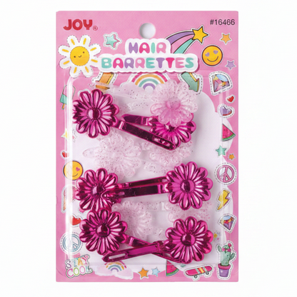 A 3-pack of pink flower-shaped hair clips in a blister pack with a pink header card labeled 'JOY. Hair Barrettes'.