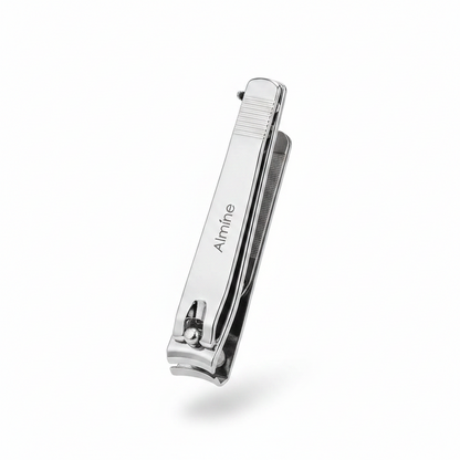 Silver large toenail clipper with built-in file, designed for precise grooming and durability, featuring the Almine brand engraving on the handle.