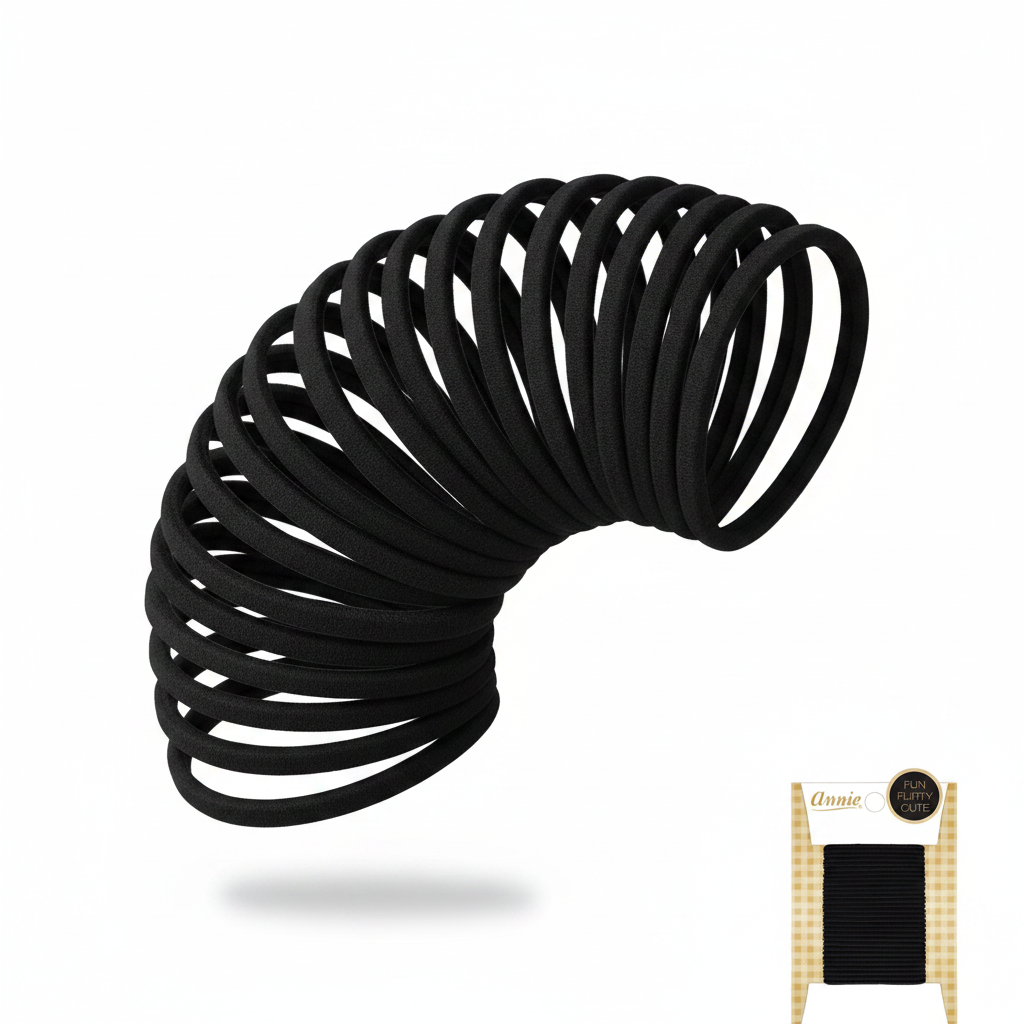 Black textured ponytail holders designed for firm, snag-free hold on multicultural and textured hair, displayed in a curved arrangement with packaging visible.