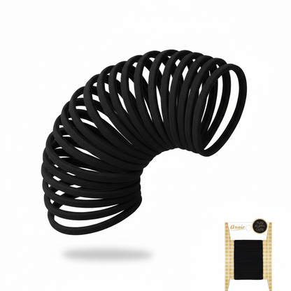 Black textured ponytail holders designed for firm, snag-free hold on multicultural and textured hair, displayed in a curved arrangement with packaging visible.