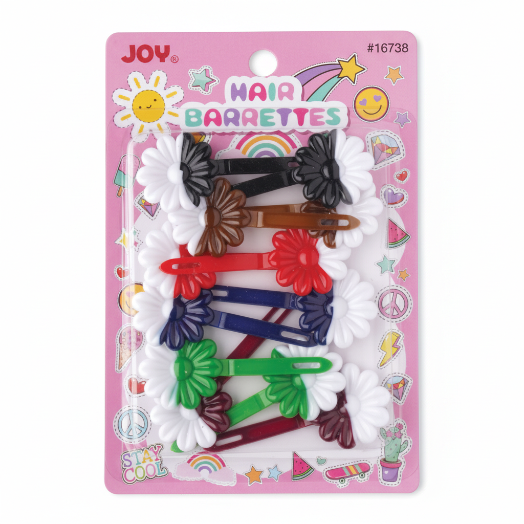 Assorted two-tone daisy hair barrettes in multiple colors on a pink card with playful icons, designed for textured and multicultural hair by Annie International.