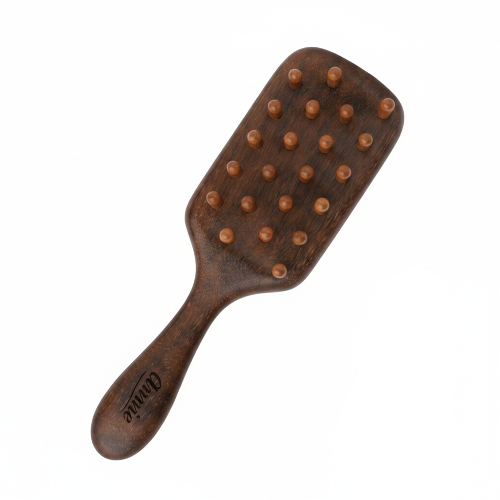 Wooden paddle brush with rounded bristles designed for textured and multicultural hair, providing gentle detangling and snag-free braiding and locking.