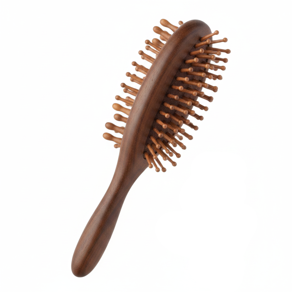 A wooden hairbrush with a curved brown wood handle and wooden bristles, shown alongside its retail packaging card on a plain white background.
