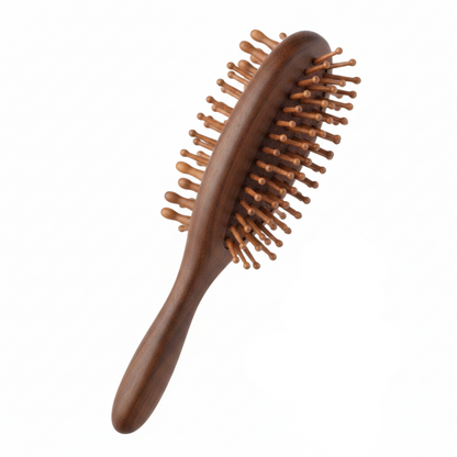 A wooden hairbrush with a curved brown wood handle and wooden bristles, shown alongside its retail packaging card on a plain white background.