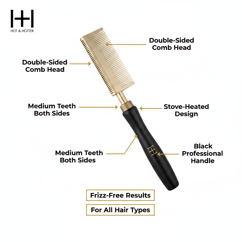 Peine Alisador Térmico Hot & Hotter, Dientes Medianos, Doble Cara, 1 Unidad, Negro y Dorado