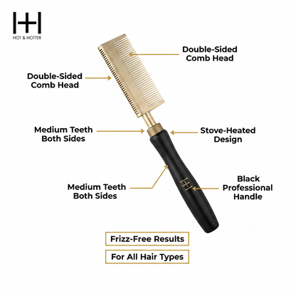 Peine Alisador Térmico Hot & Hotter, Dientes Medianos, Doble Cara, 1 Unidad, Negro y Dorado