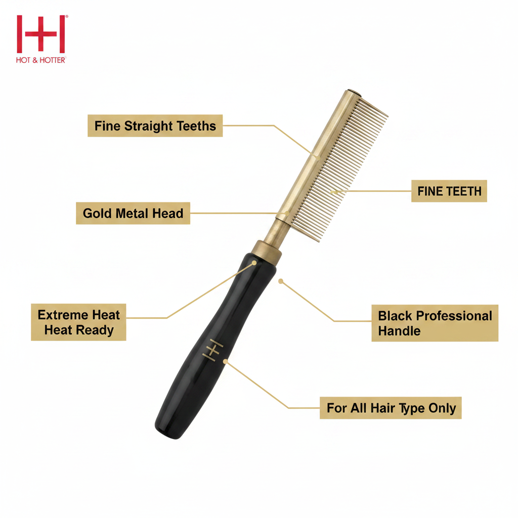 Peine térmico alisador Hot & Hotter de dientes finos, 1 unidad, negro y dorado