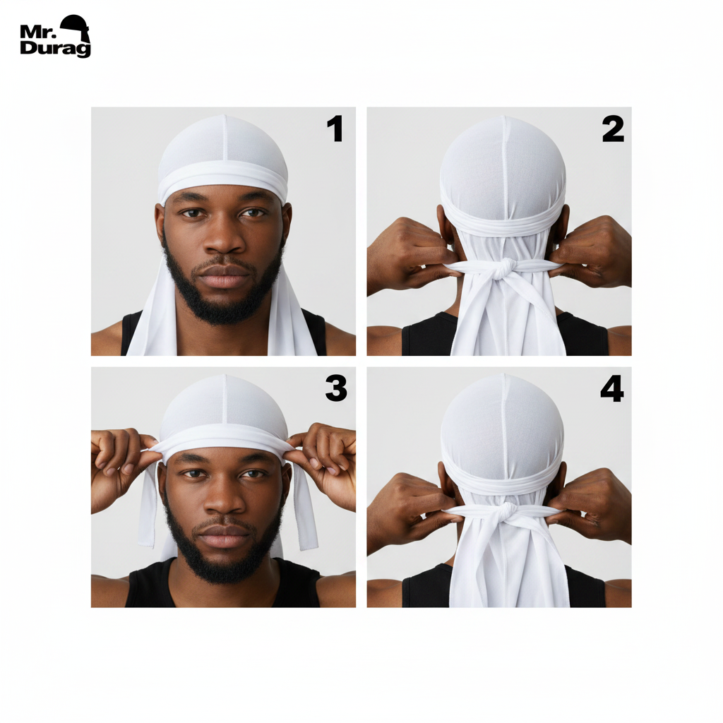 A four-panel collage showing a man demonstrating how to tie the Mr. Durag Spandex Durag, 1 Count, Assorted Color in white, highlighting the soft, stretchy fabric and easy tie design for secure, comfortable wear.