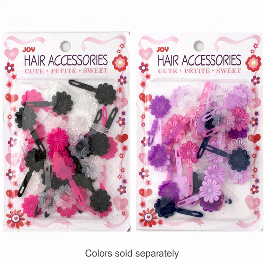 Joy Petite Daisy 30-count barrette packages side by side in two color mixes, sold separately.