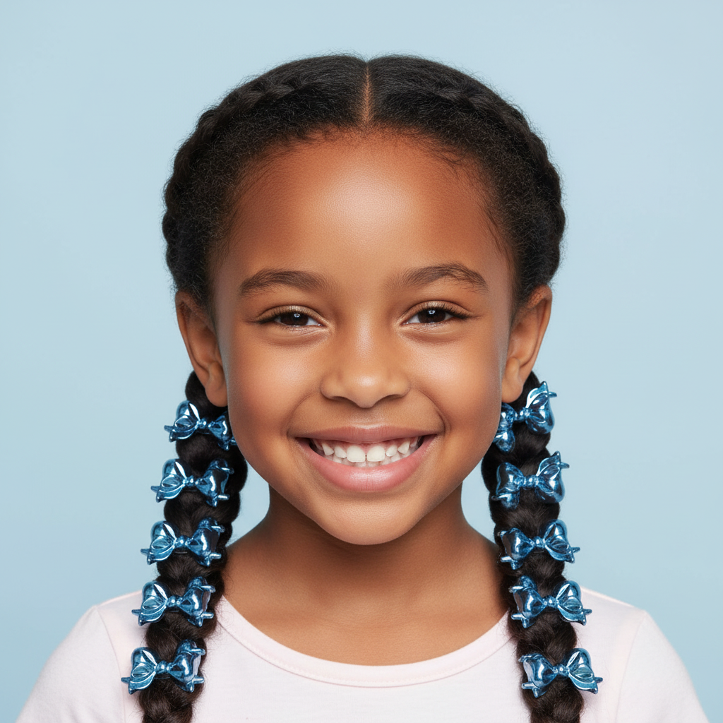 Young girl with textured hair styled in braids secured with metallic blue Joy Ribbon barrettes, showcasing smooth, snag-free hold ideal for multicultural hair by Annie International.