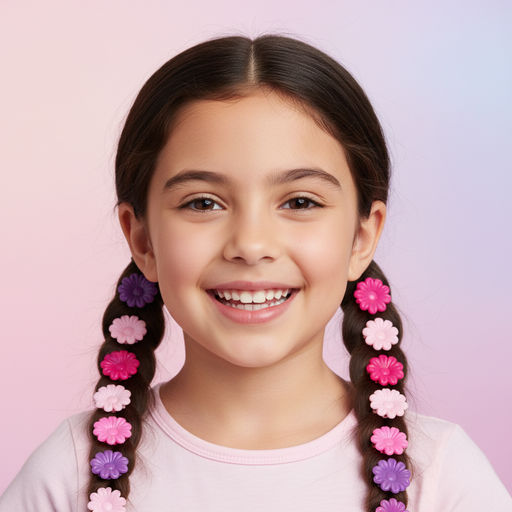 Young girl with two braids adorned with colorful pink and purple flower-shaped barrettes smiling against a soft gradient background, showcasing Annie hair accessories designed for textured hair.