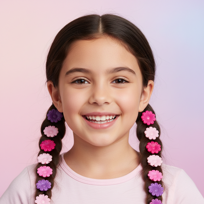 Young girl with two braids adorned with colorful pink and purple flower-shaped barrettes smiling against a soft gradient background, showcasing Annie hair accessories designed for textured hair.