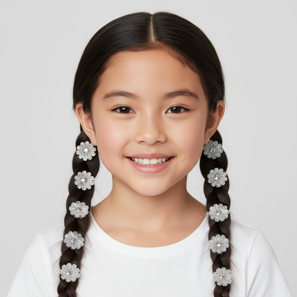 Young girl with two braids adorned with clear and silver daisy-shaped barrettes designed for textured and multicultural hair, showcasing a smooth, snag-free hold.