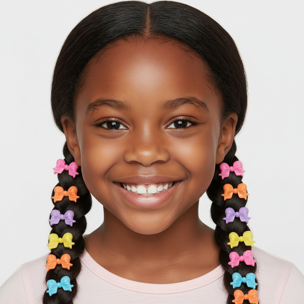 Smiling young girl with textured hair styled in two braids secured with colorful bow barrettes in a rainbow of pink, orange, purple, yellow, and blue for a playful, snag-free look.