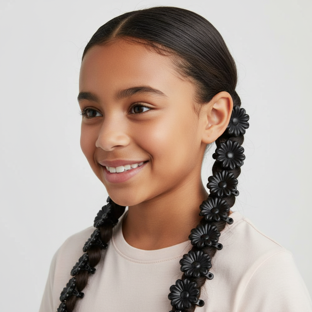 Young girl with textured hair styled in braids adorned with black flower-shaped barrettes, showcasing professional-quality hair accessories designed for textured, multicultural hair.