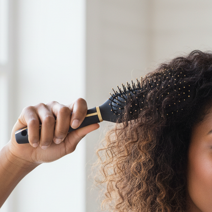 A woman with voluminous curly brown hair uses a black and gold round hairbrush in a bright, modern room with a white brick wall background.