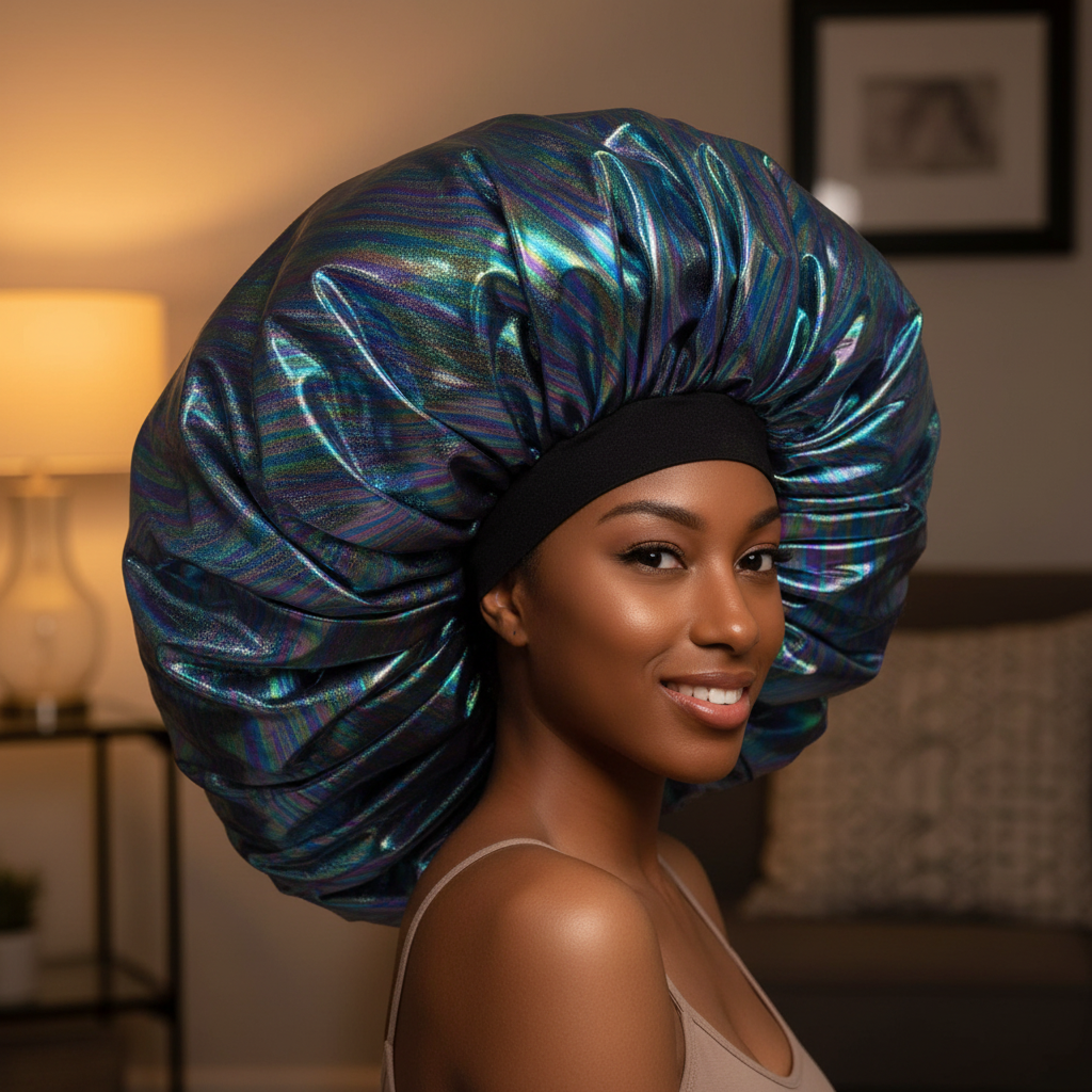 Smiling woman wearing an extra-large silky satin bonnet with a platinum zebra pattern and black elastic band, designed for protective styling of textured and natural hair.
