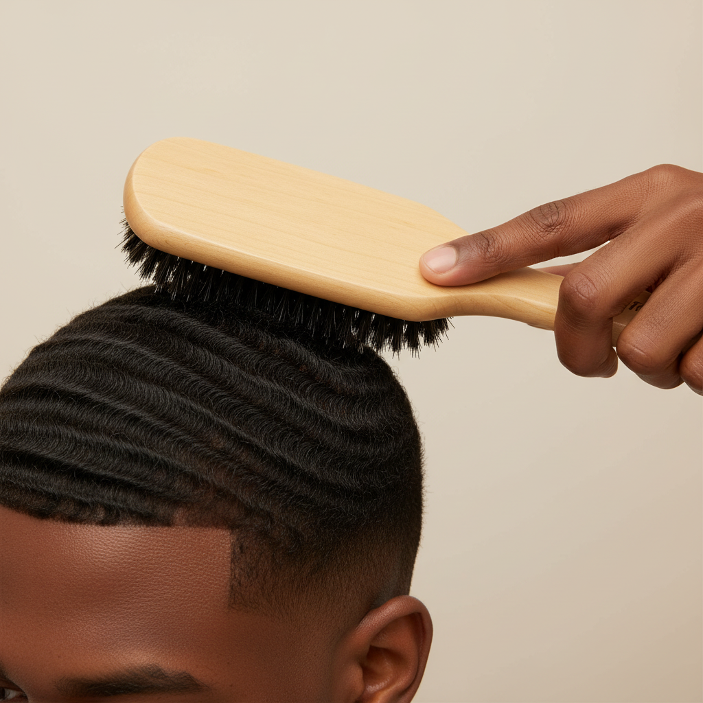 Hand using a light brown wooden brush with dense boar and nylon bristles to style closely cropped hair, enhancing wave patterns on textured hair.