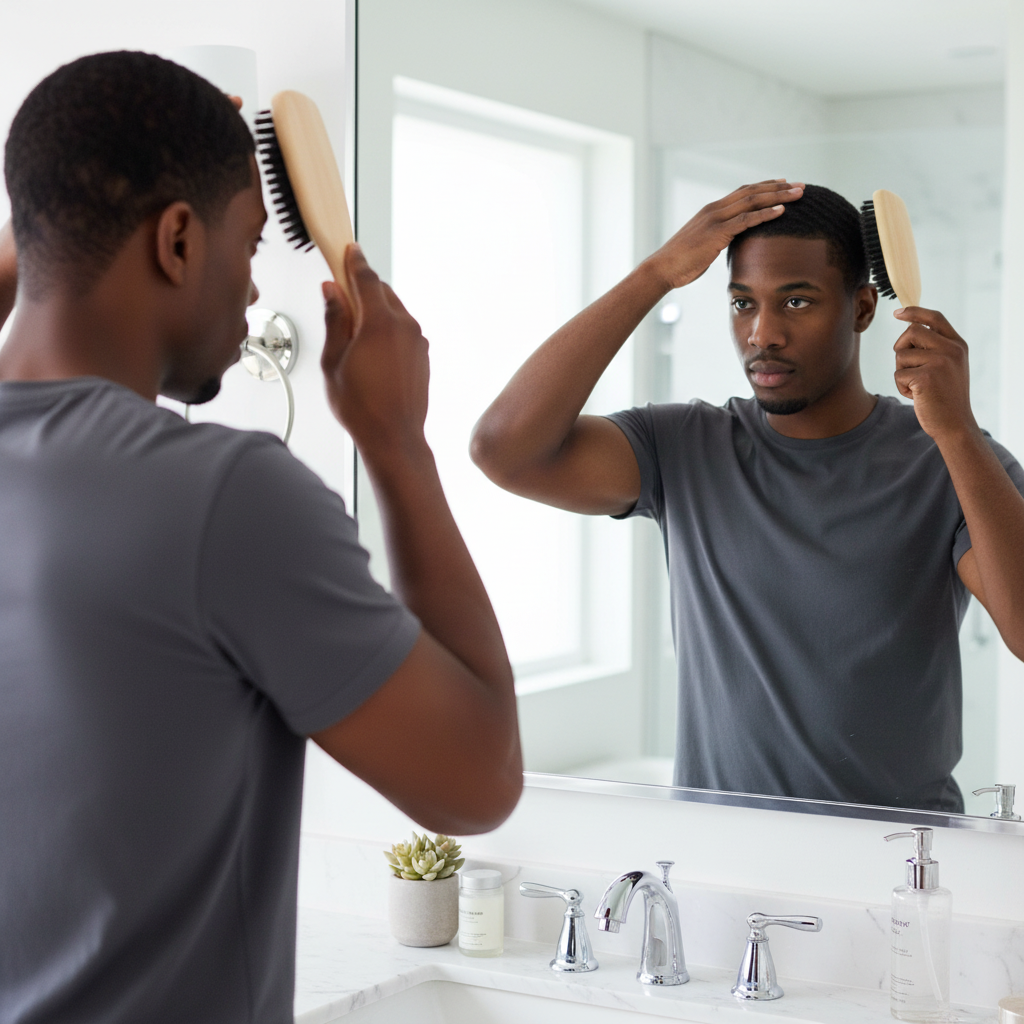 Man styling short textured hair using a light brown wooden wave brush with boar and nylon bristles in a bright bathroom for smooth wave training.
