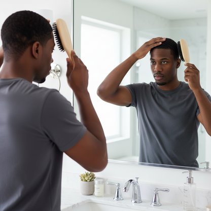Man styling short textured hair using a light brown wooden wave brush with boar and nylon bristles in a bright bathroom for smooth wave training.