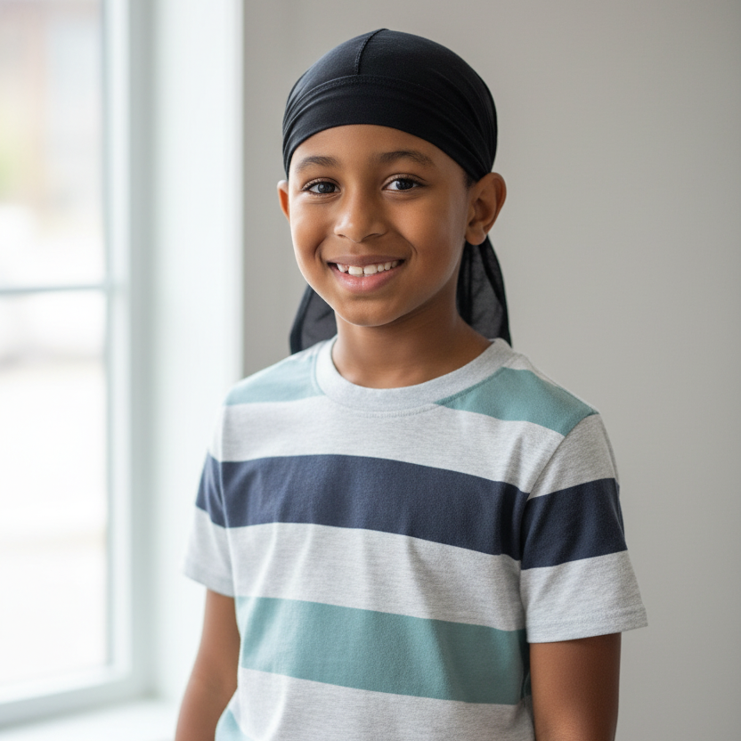 Young boy wearing a black Annie Kids' durag made of synthetic fabric, smiling indoors with natural light, demonstrating a comfortable fit for textured hair care.