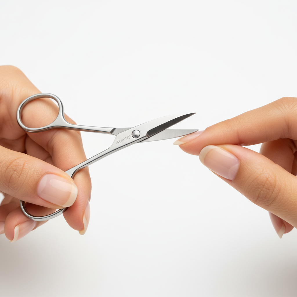 Close-up of a hand holding a small curved silver nail scissor trimming the edge of a fingernail, showcasing precision grooming with professional-quality tools.