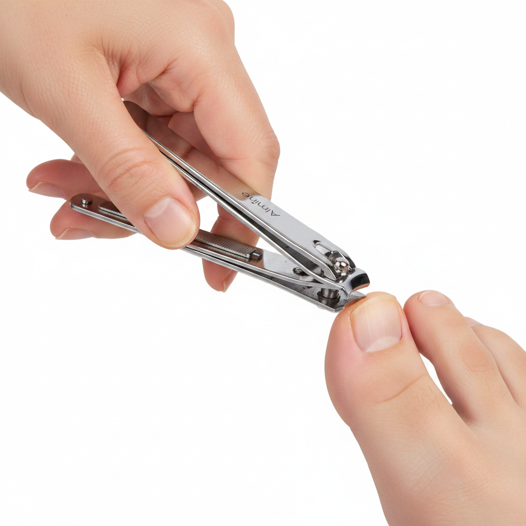 Hand using a large silver metal toenail clipper with built-in file to trim toenails, demonstrating precise grooming suitable for professional beauty and personal care.