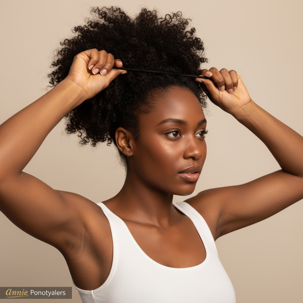 Woman with natural textured hair using a black hair accessory to style her afro, demonstrating a smooth, snag-free hold designed for multicultural hair by Annie International.