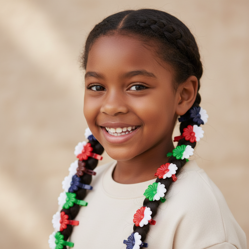 Smiling young girl with textured hair styled in two braids decorated with colorful two-tone flower barrettes, showcasing professional-grade, snag-free hair accessories designed for textured hair.