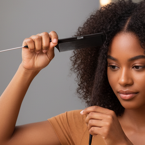 A woman with voluminous curly hair sits at a table, using a black comb to detangle her hair. Two black hair tools and a small bottle of golden liquid are arranged on the table next to a small potted succulent, with a neutral gray background and a mirror behind her.