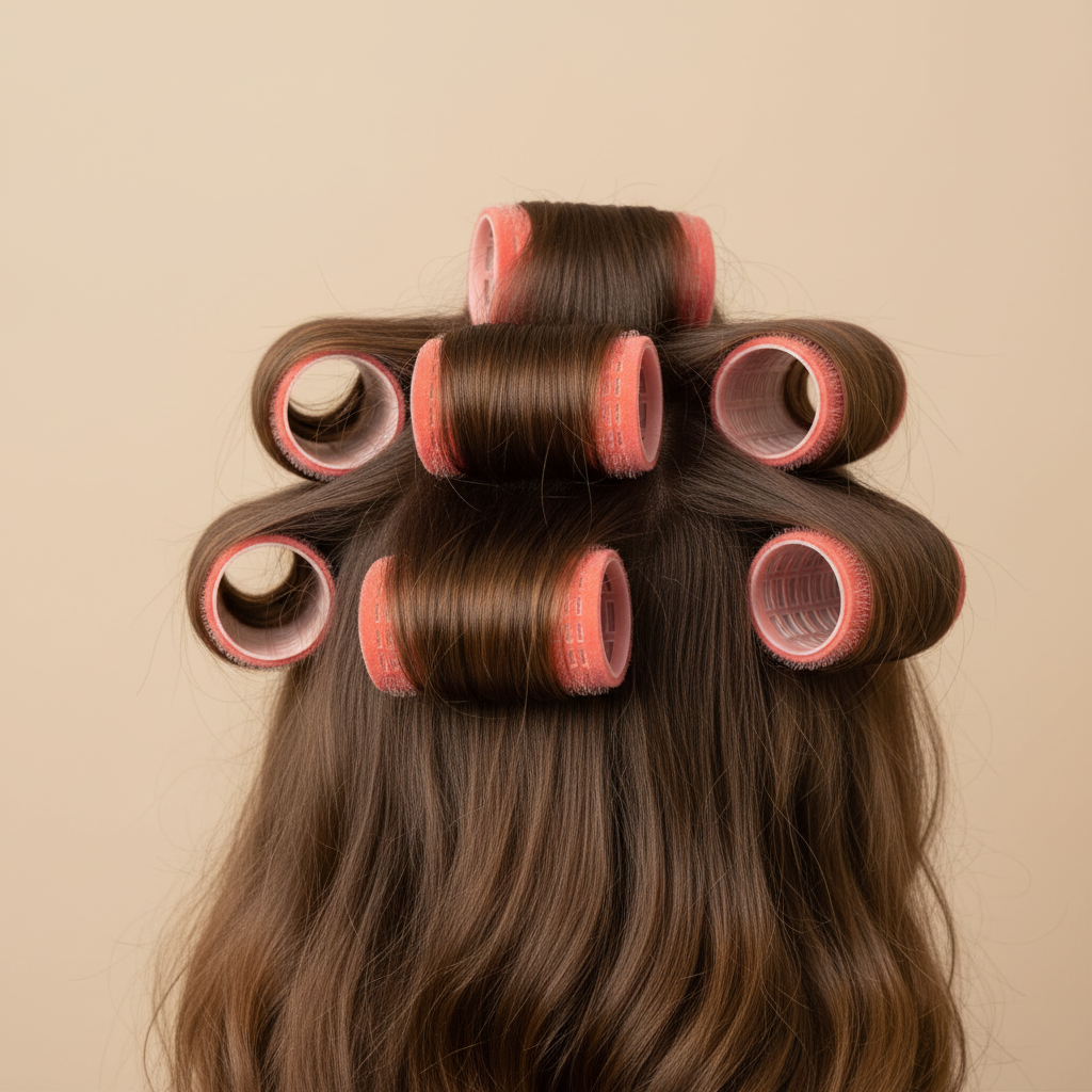 Six pink self-gripping hair rollers securing medium brown hair, showcasing gentle, no-snag curling designed for textured and natural hair styling needs.