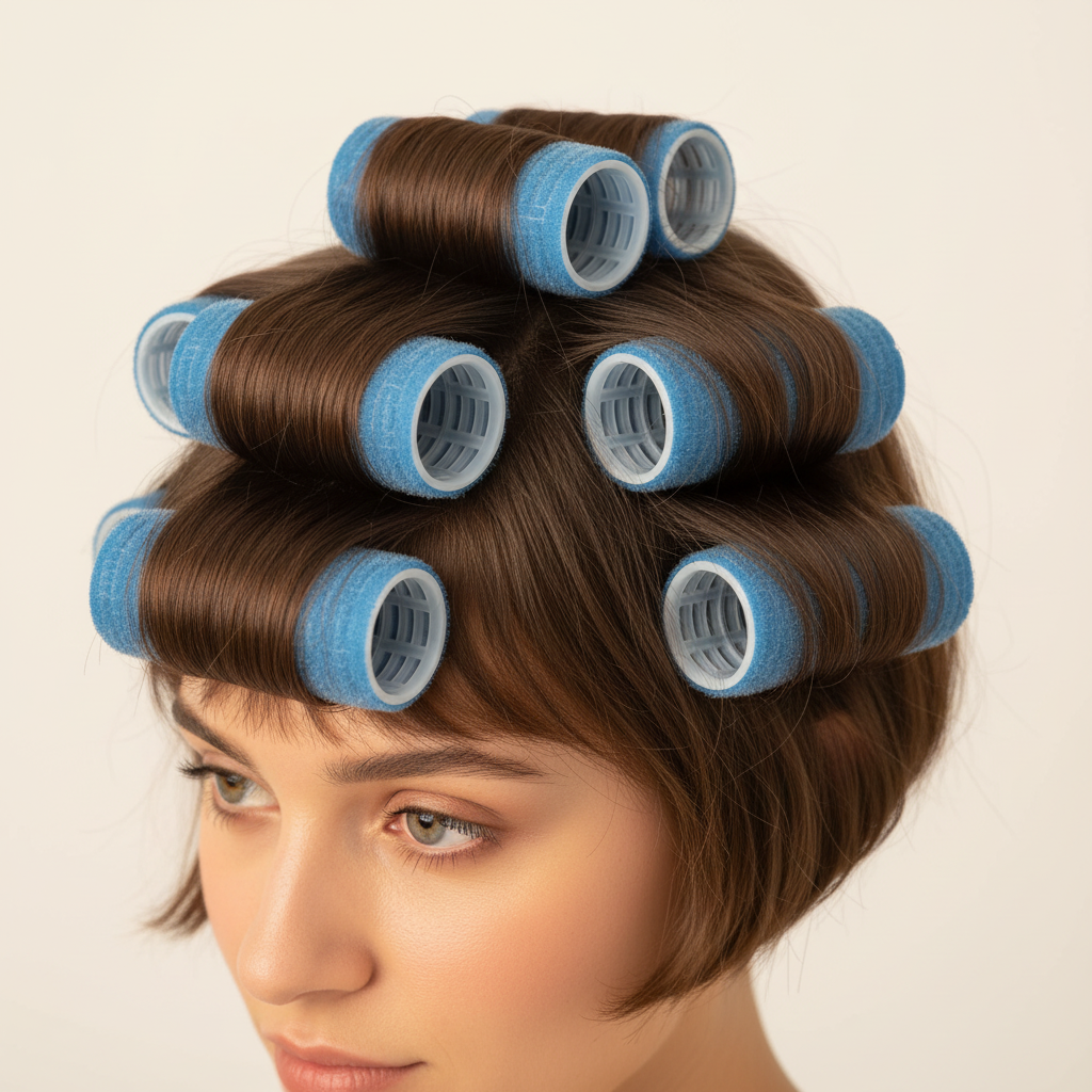 Woman with short brown hair set in blue 1-inch velour self-gripping rollers, demonstrating gentle curl formation ideal for textured and natural hair styling routines.