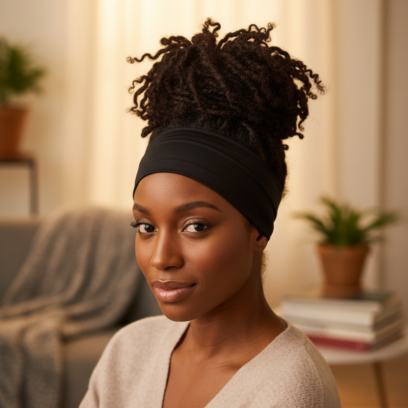 Woman with natural textured hair styled in a high puff, wearing a smooth black spandex headband that offers comfortable, snag-free hold for textured and multicultural hair.