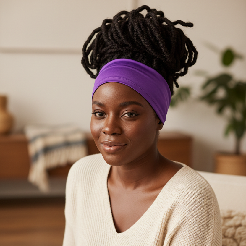 Woman wearing a smooth purple spandex headband styled with natural textured hair piled high, showcasing comfortable, stretchy support ideal for secure hold and everyday wear.