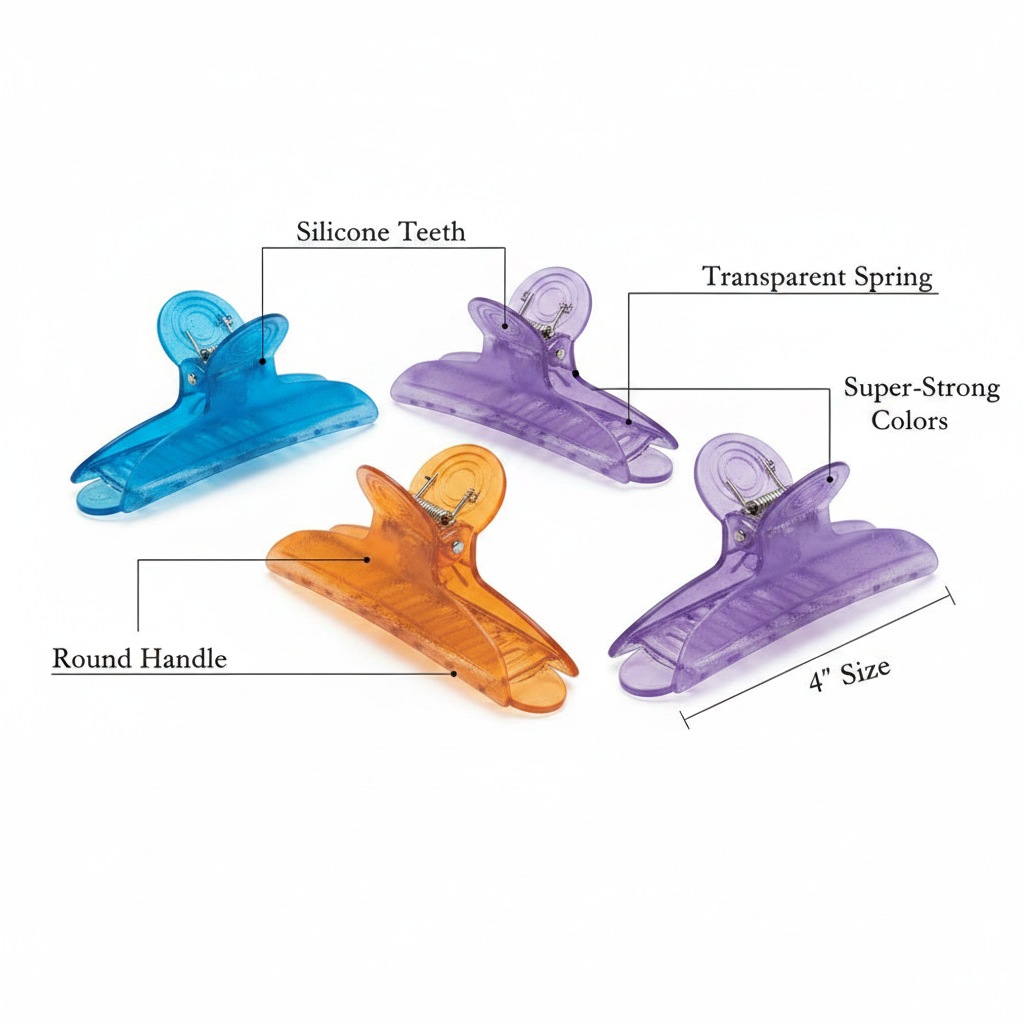 Annie Round Handle Hair Section Clips with Silicone Teeth, 4 Count, Assorted Clear