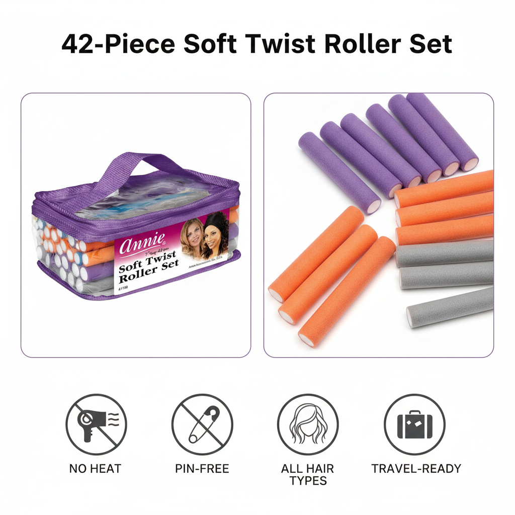 Clear purple zippered travel bag containing 42 soft twist rollers in purple, orange, and gray, designed for gentle, heat-free styling on textured and natural hair.