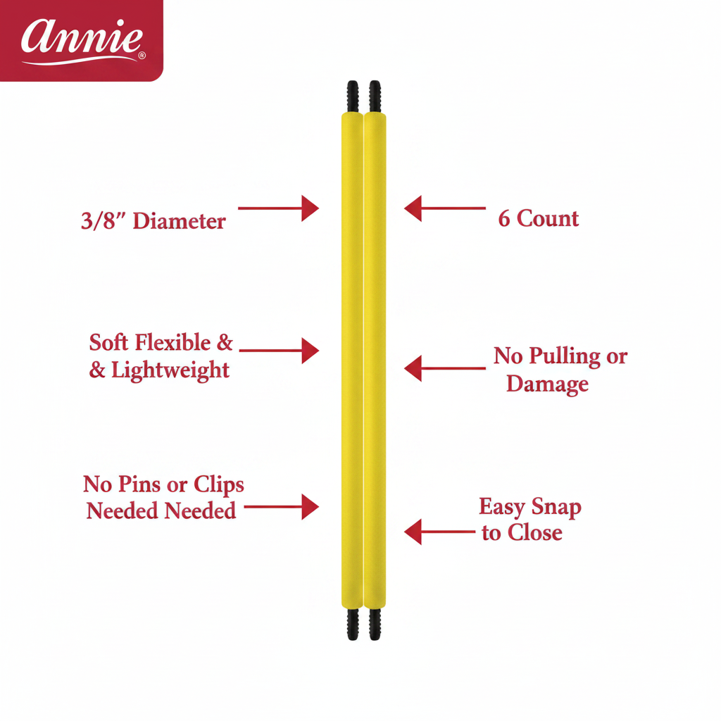 Two yellow flexible hair rollers with black snap ends, each measuring 3/8 inch diameter, designed for gentle styling without pins or clips, minimizing damage and pulling on textured hair.