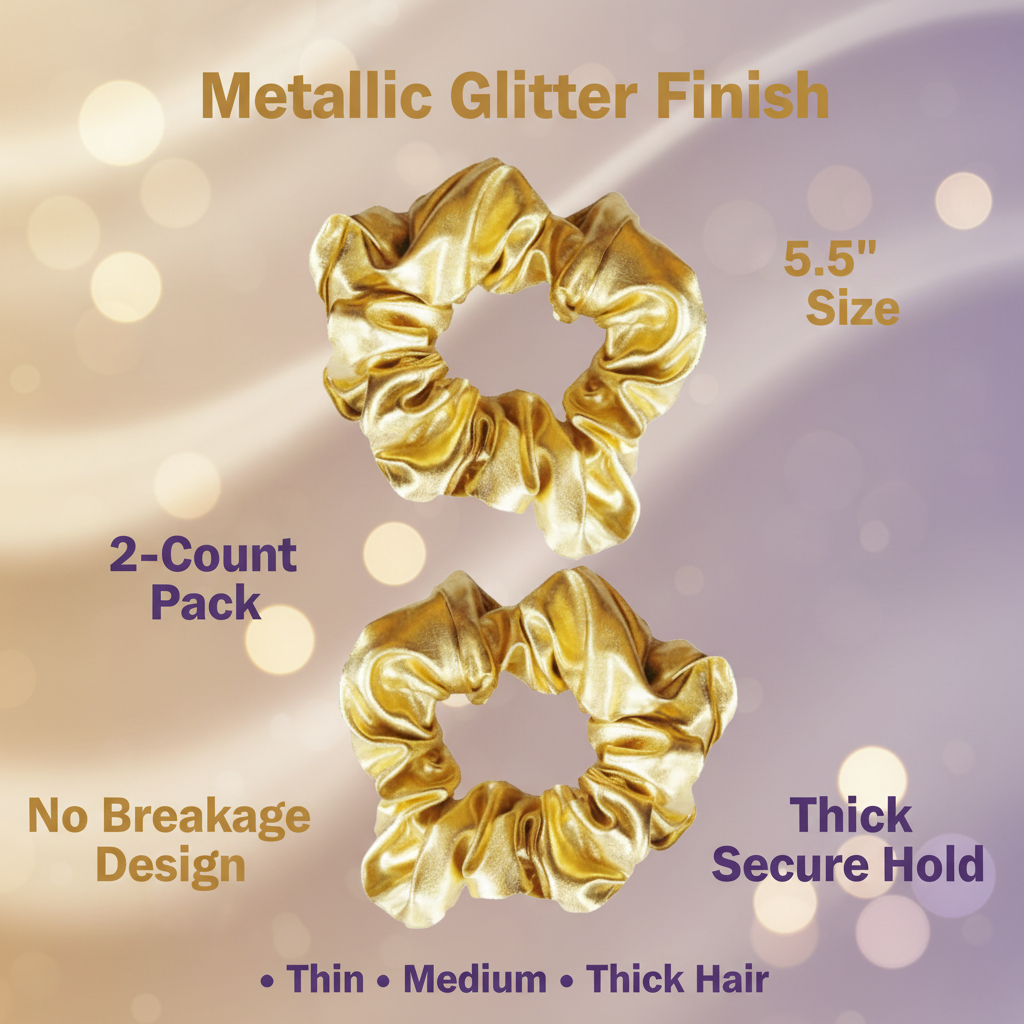 Annie Metallic Scrunchie 5.5 Inch, 2 Count, Gold with a shiny metallic glitter finish, designed for no breakage and secure hold, suitable for thin to thick hair types.